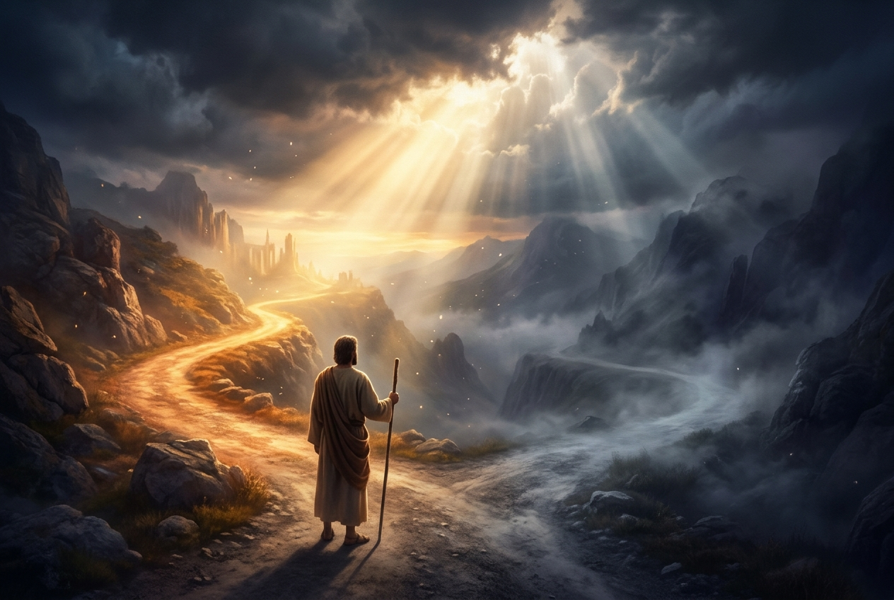 New age religion: a seeker at a crossroads where one path glows under heaven's light