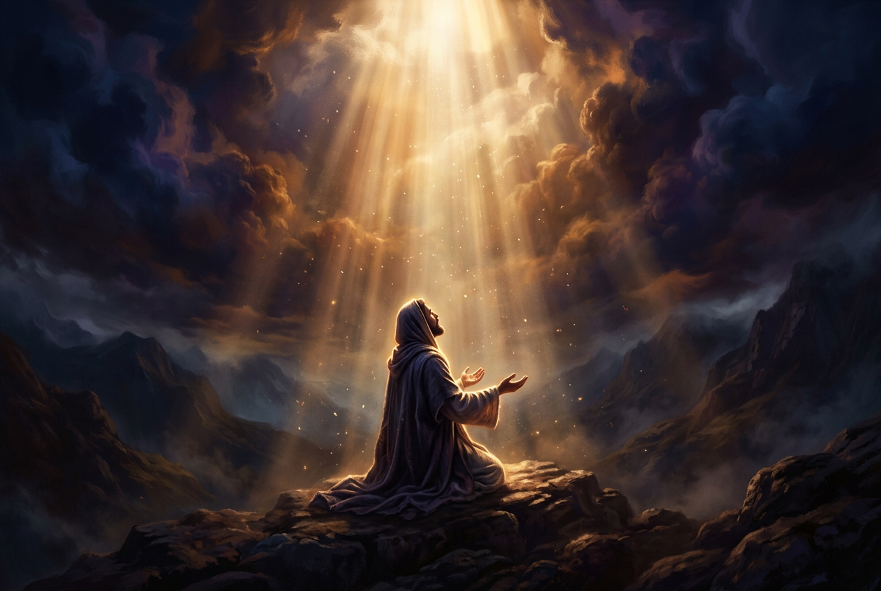 A kneeling figure with open upturned palms receiving a shaft of warm golden light from the clouds