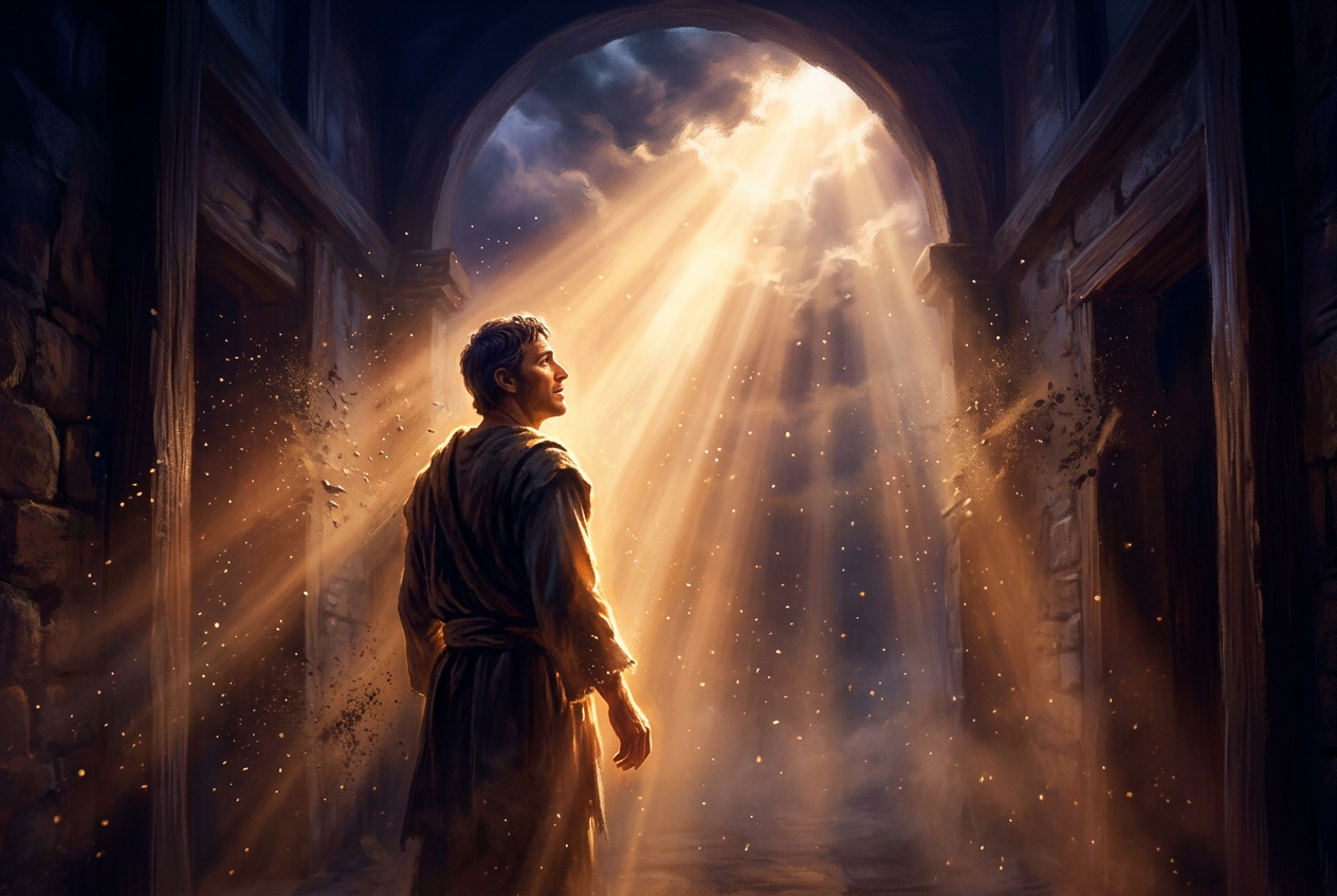 Shadow people: light scattering the shadows around a man as darkness dissolves