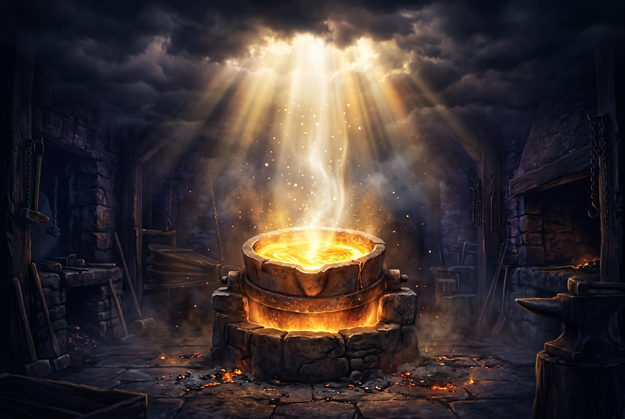 A refiner's crucible of molten gold glowing in a dark forge as light pours down from above