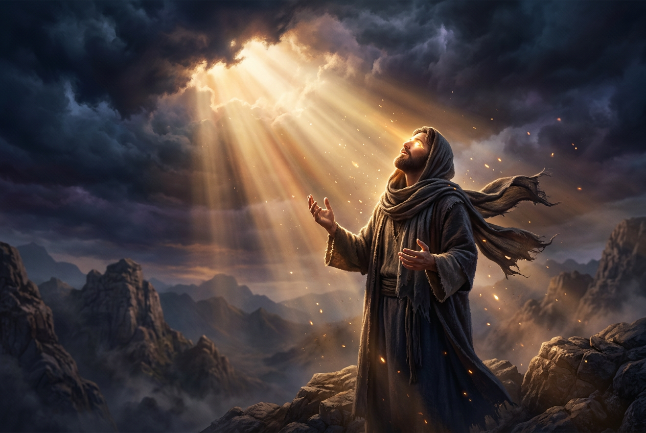 A robed man on a mountain lifts his face as golden light floods his eyes and a veil blows away