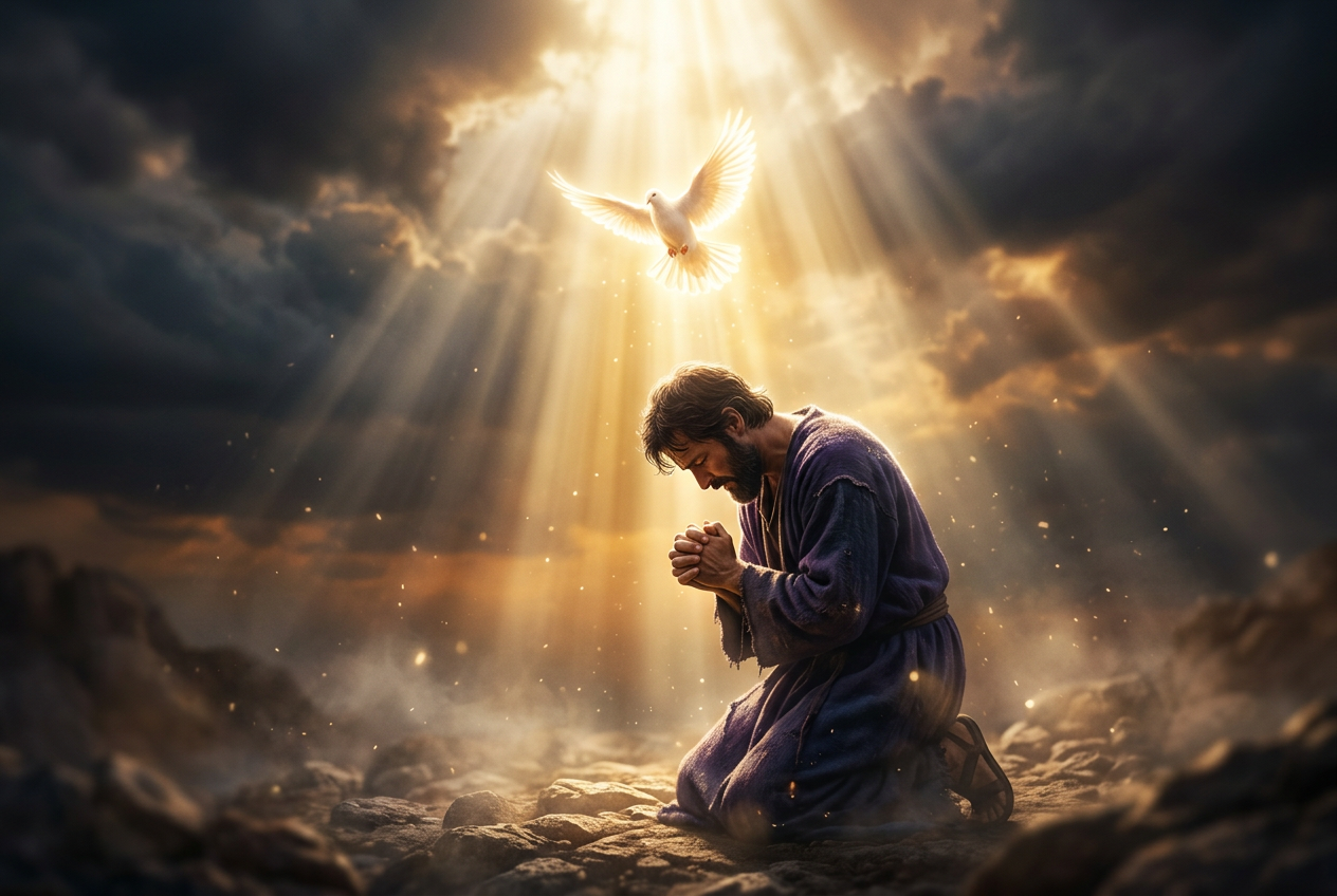 Blasphemy against the Holy Spirit: a man kneeling in prayer as the Holy Spirit descends in light