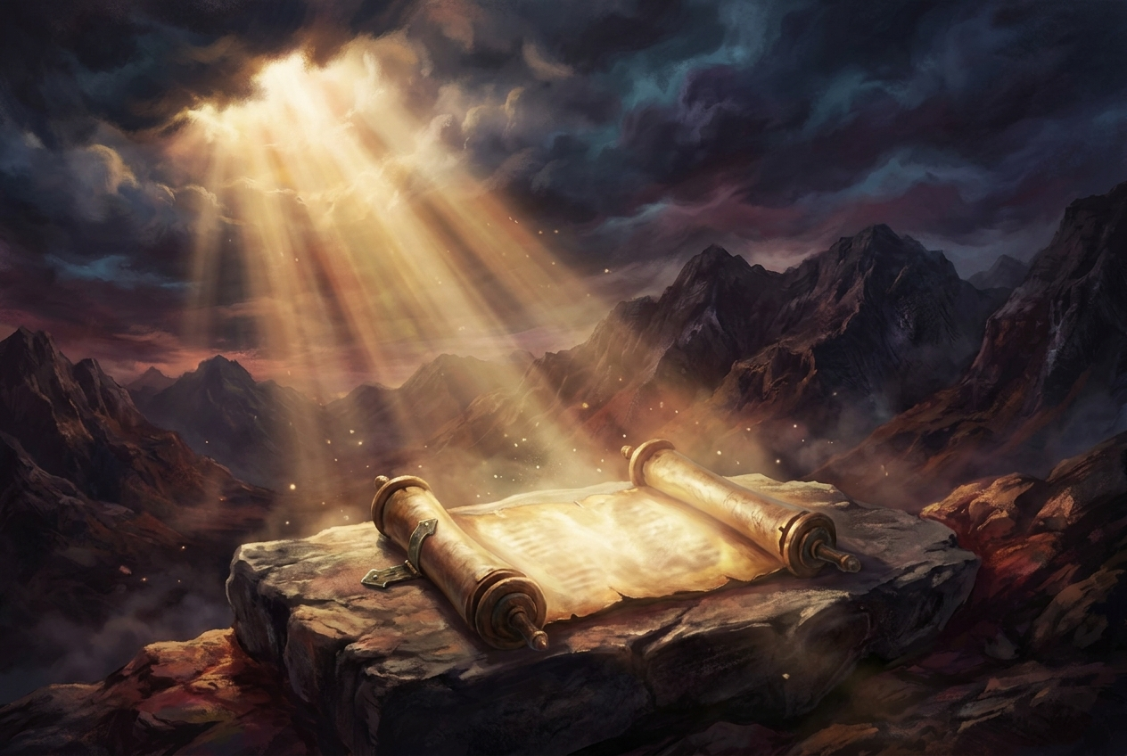 The Book of Enoch: an ancient scroll on a stone slab under divine light