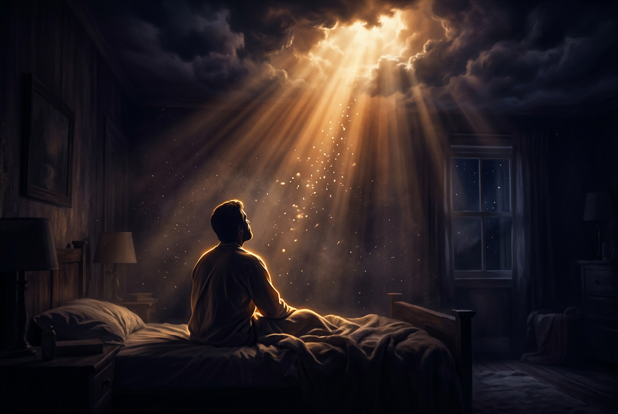 Why do I wake up at 3am: a man sitting up in bed as light breaks through the night