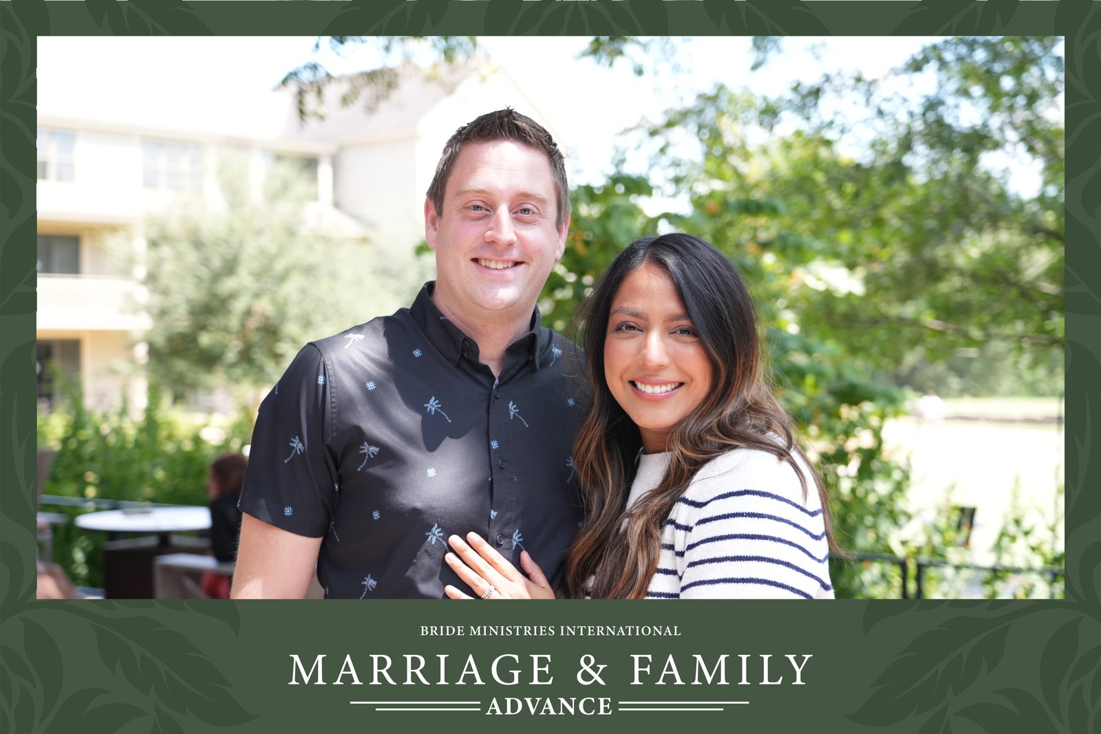 A couple smiling for their Marriage and Family Advance portrait outdoors at Hyatt Regency Lost Pines